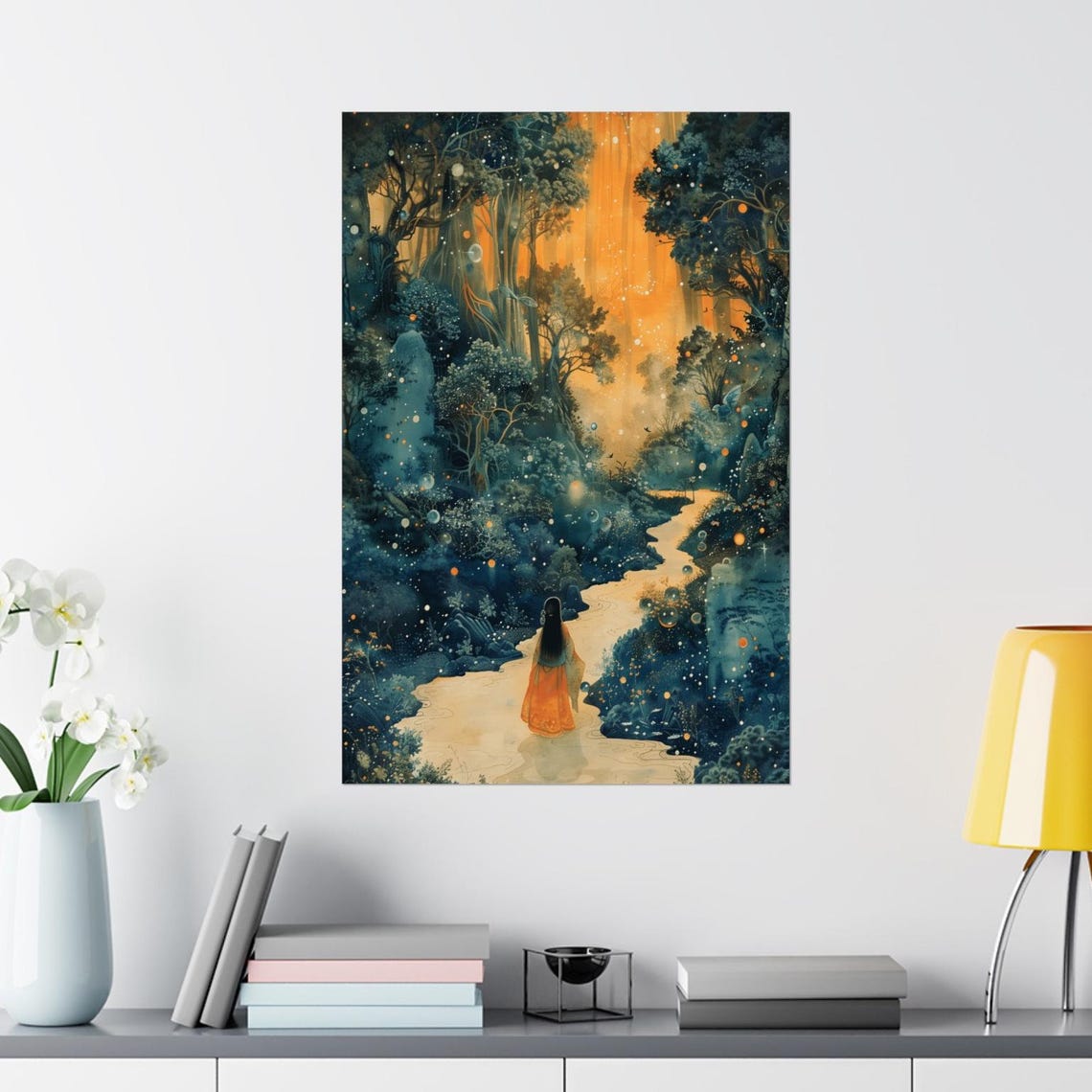 A Lonely Woman Walking Toward a Glowing Forest Light at Dusk Poster