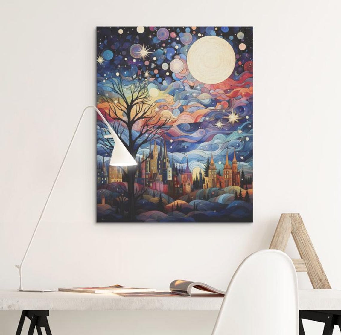 Magical Night Sky over Old Town Spires with Big Moon Art Poster