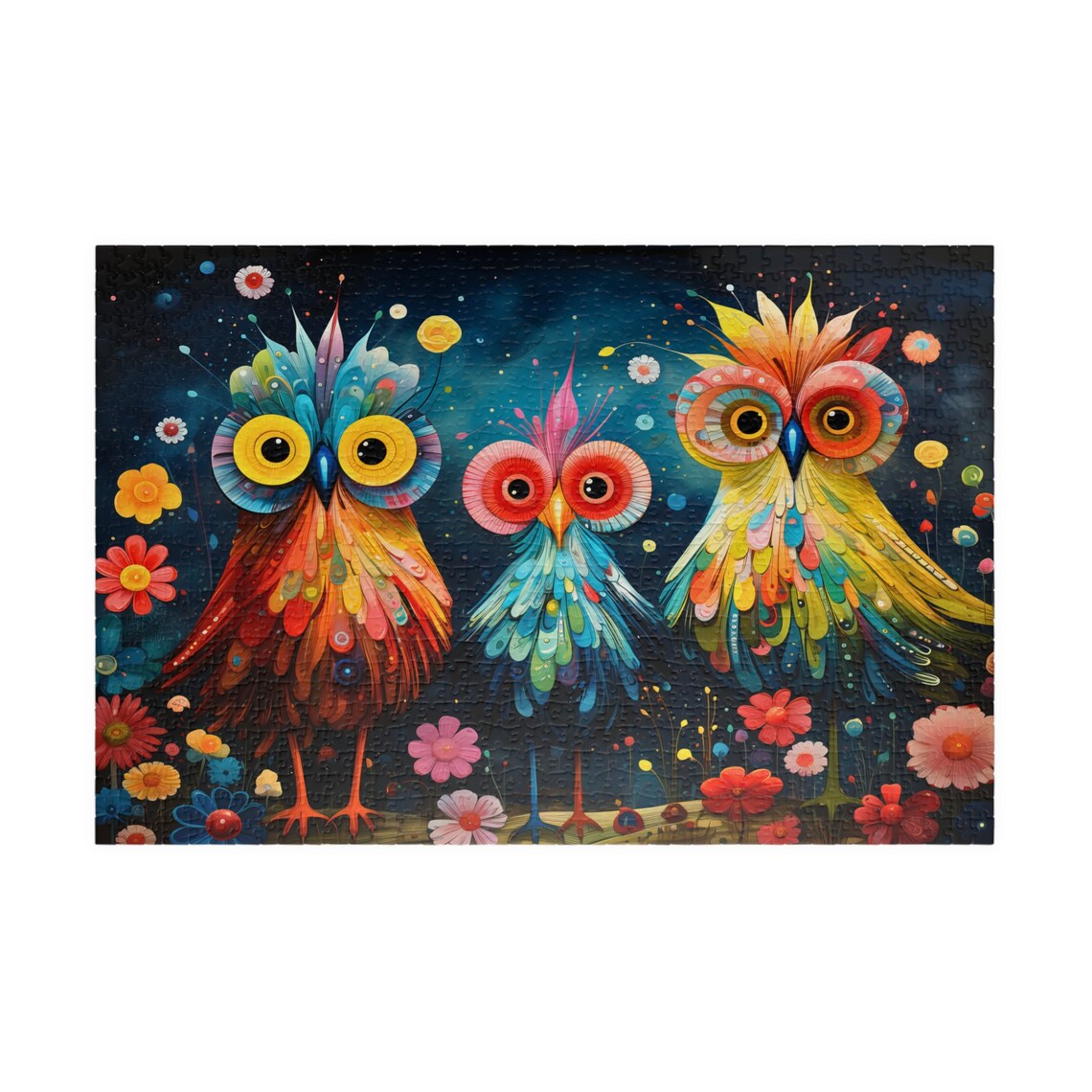 Three Whimsical Colorful Owls Fantasy Night Bird Scene Poster - Image 3