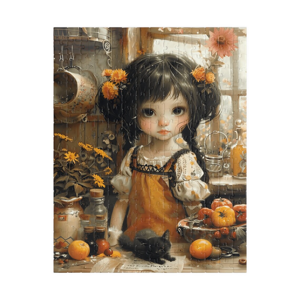 Little Girl in Rustic Fall Kitchen with Black Kitten and Harvest Poster - Image 2