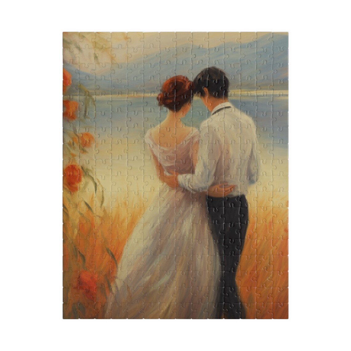 Romantic Couple Embracing By A Golden Sunset Lake Art Poster - Image 2