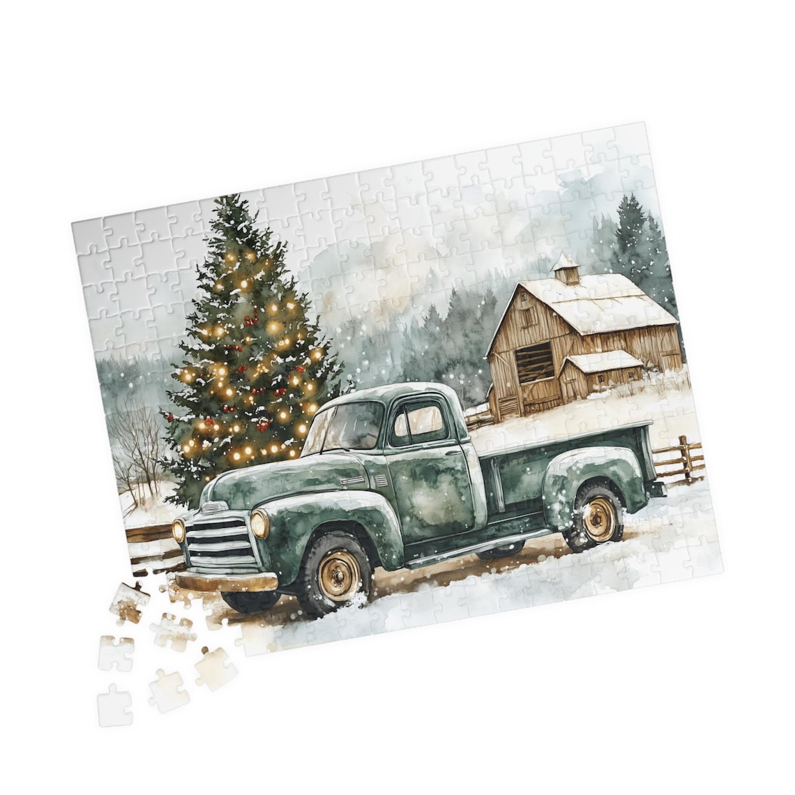 Vintage Green Pickup Truck With Christmas Tree at Snowy Barn Poster - Image 4