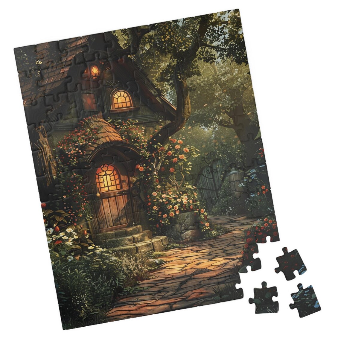 English Cottage at Twilight with Glowing Round Door Roses Poster