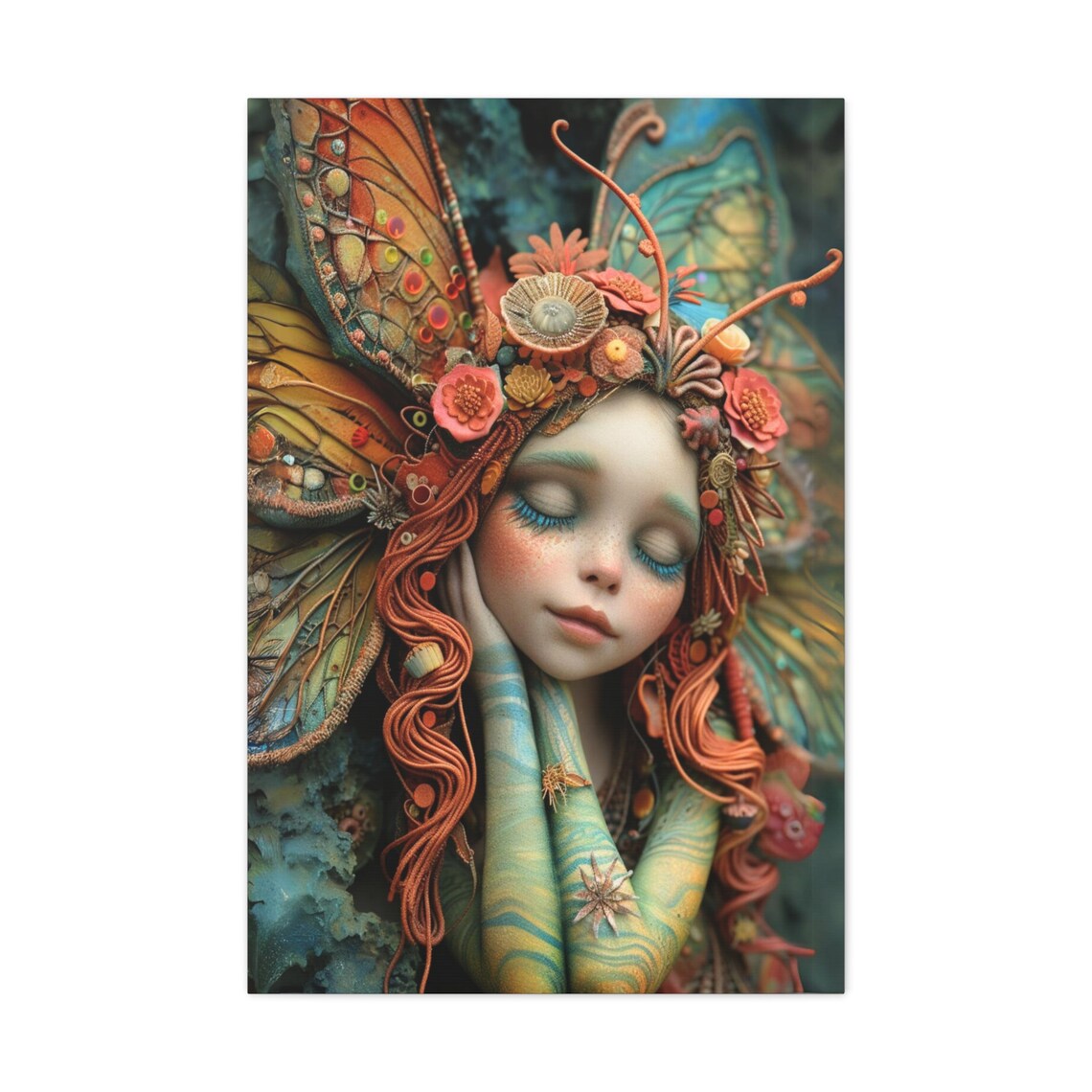 Sleeping Fairy Portrait With Ornate Butterfly Wings Art Poster