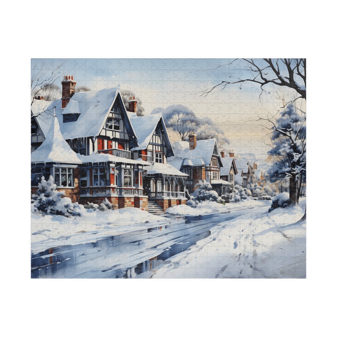 Snowy Victorian Street with Snow Covered Houses Winter Poster - Image 2