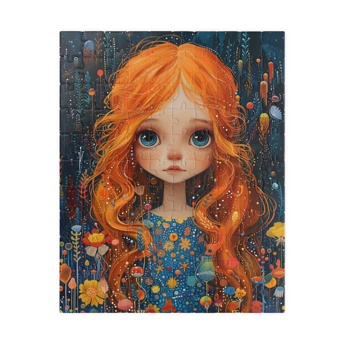 Girl with Orange Hair and Blue Eyes Whimsical Folk Art Portrait Poster - Image 2