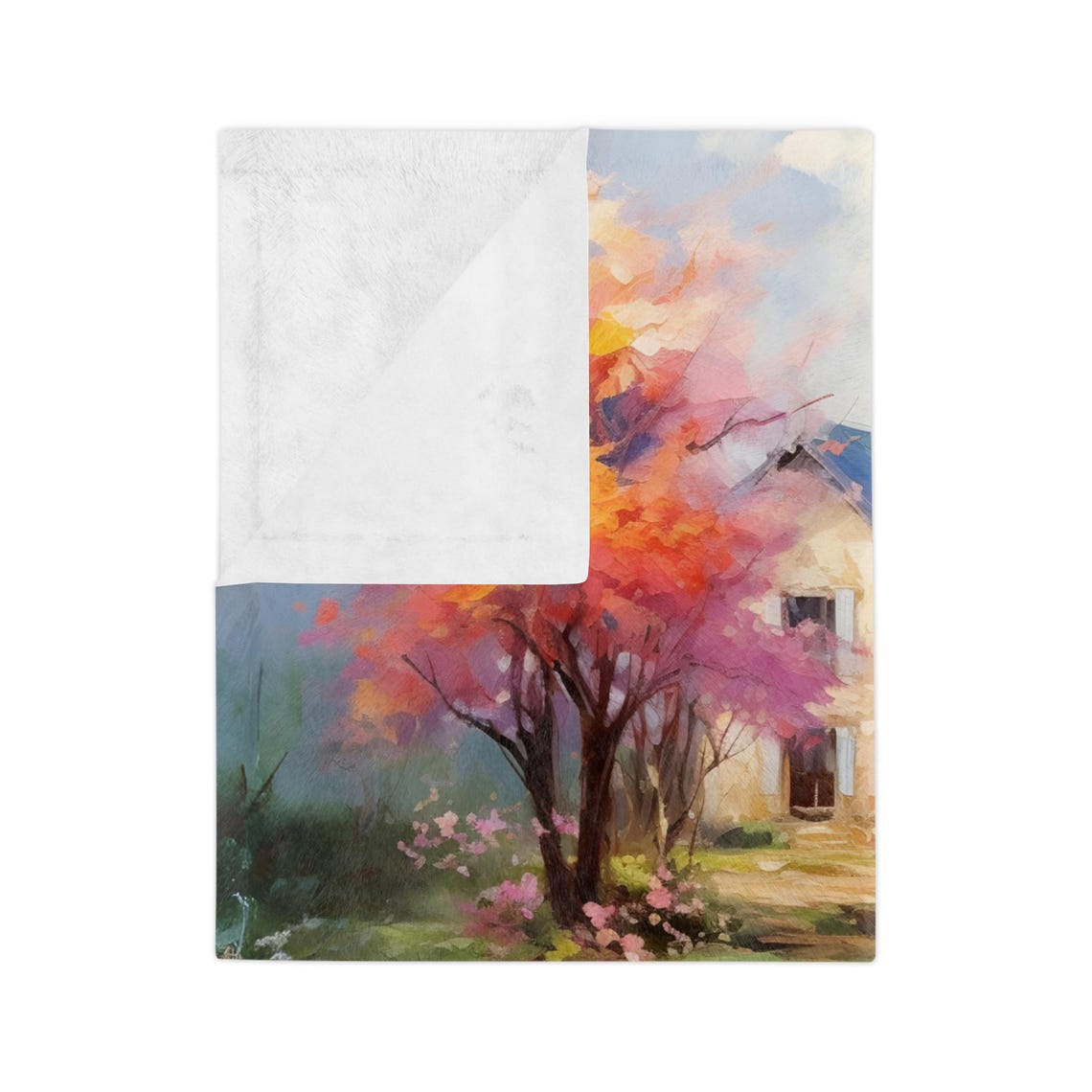 Dreamy Cottage With a Pink Blossom Tree by a Quiet Pond Poster - Image 4