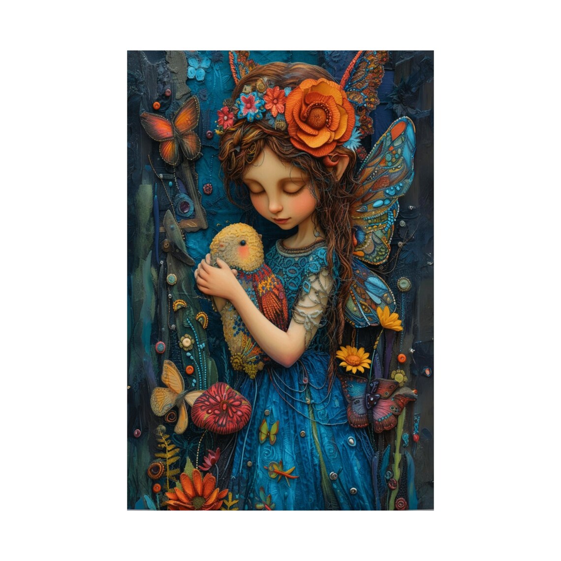 Kind Fairy Hugging A Tiny Bird Among Butterflies And Flowers Art Poster - Image 3