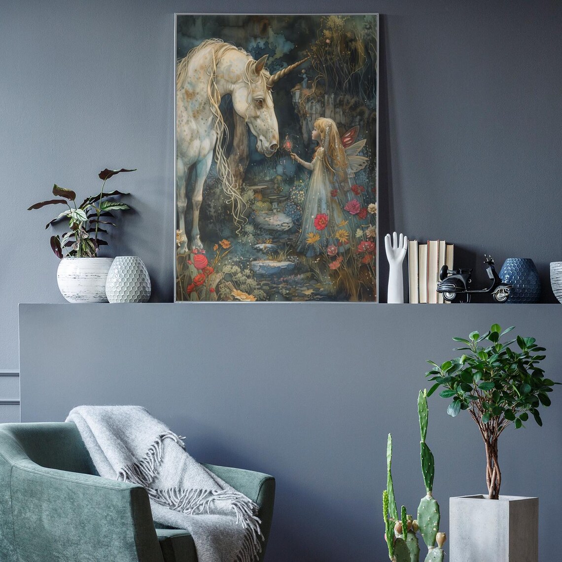 White Unicorn and Fairy Girl Enchanted Dark Forest Fantasy Poster - Image 2