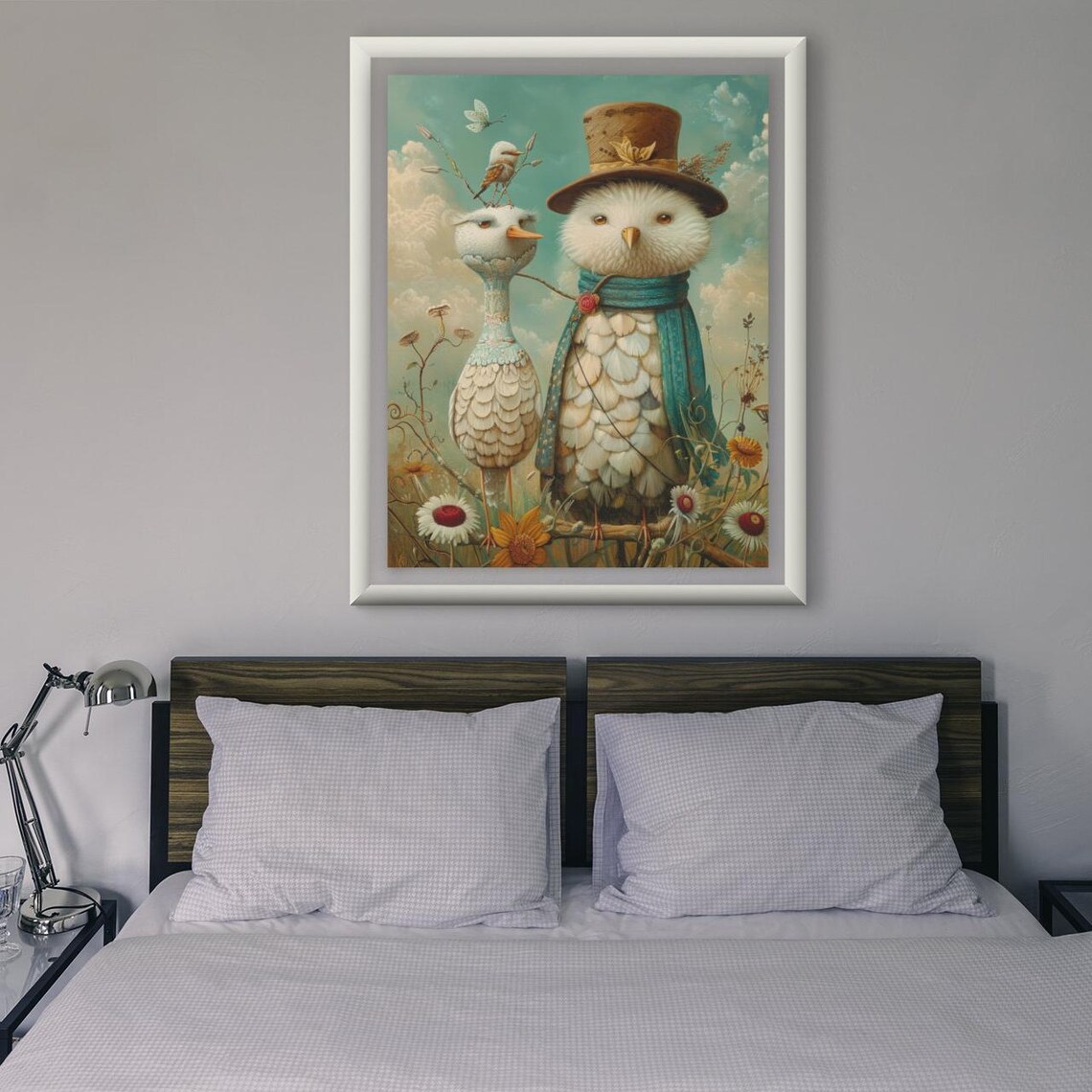 Charming White Birds In Top Hats Among Wildflowers Art Poster - Image 3