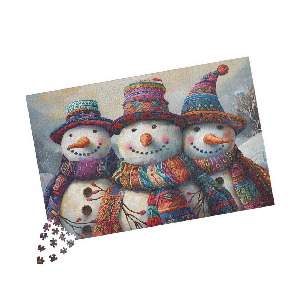 Three Smiling Snowmen In Colorful Knit Hats Winter Art Poster - Image 4