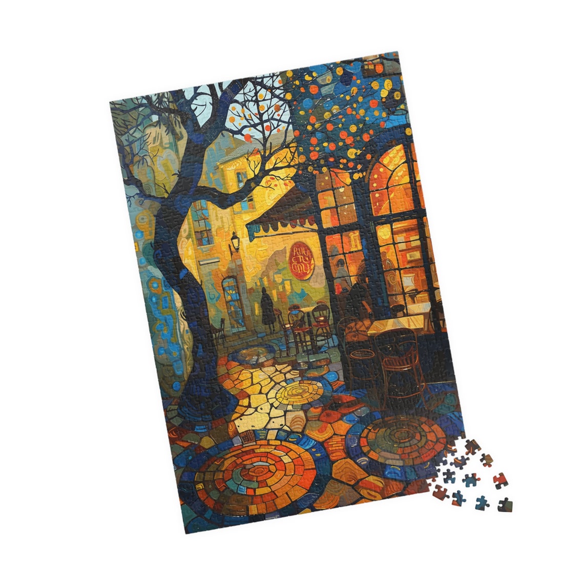 Glowing Twilight Cafe Terrace With Mosaic Cobblestone Art Poster - Image 4