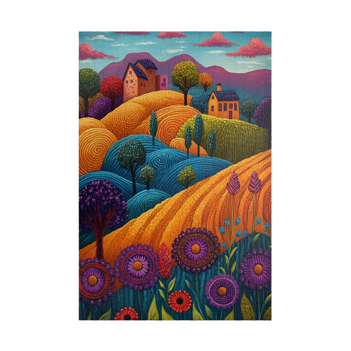 Folk Art Fall Landscape Golden Hills Purple Mountains and Flowers Poster - Image 3