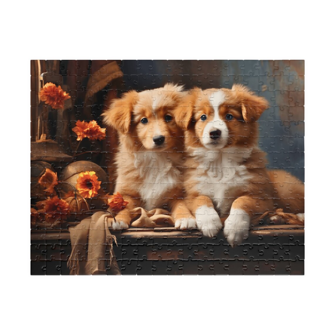 Two Sweet Puppies Autumn Flowers Cute Dog Portrait Art Poster - Image 3
