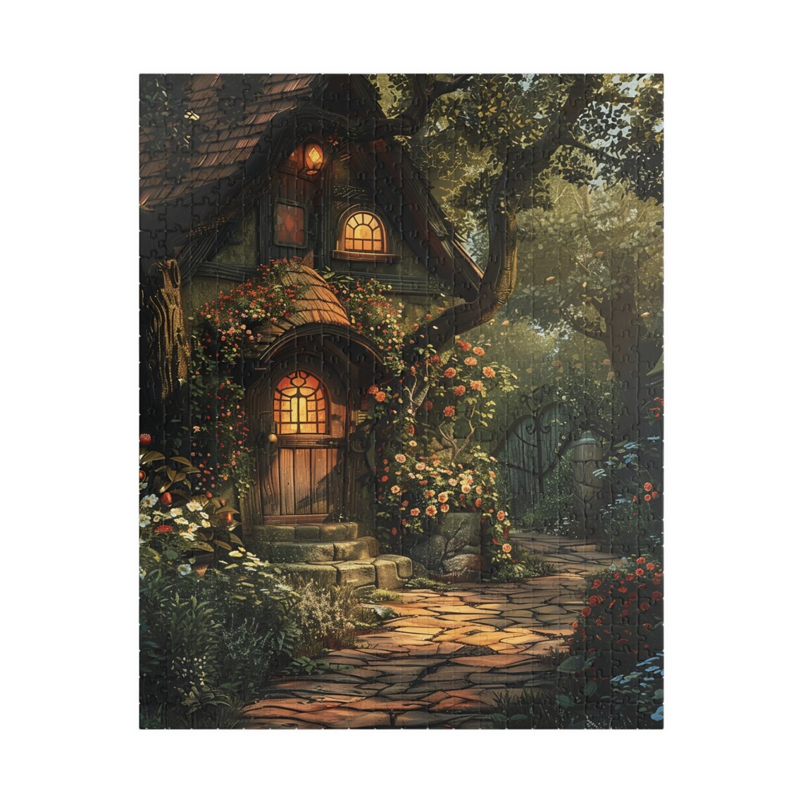 English Cottage at Twilight with Glowing Round Door Roses Poster - Image 5
