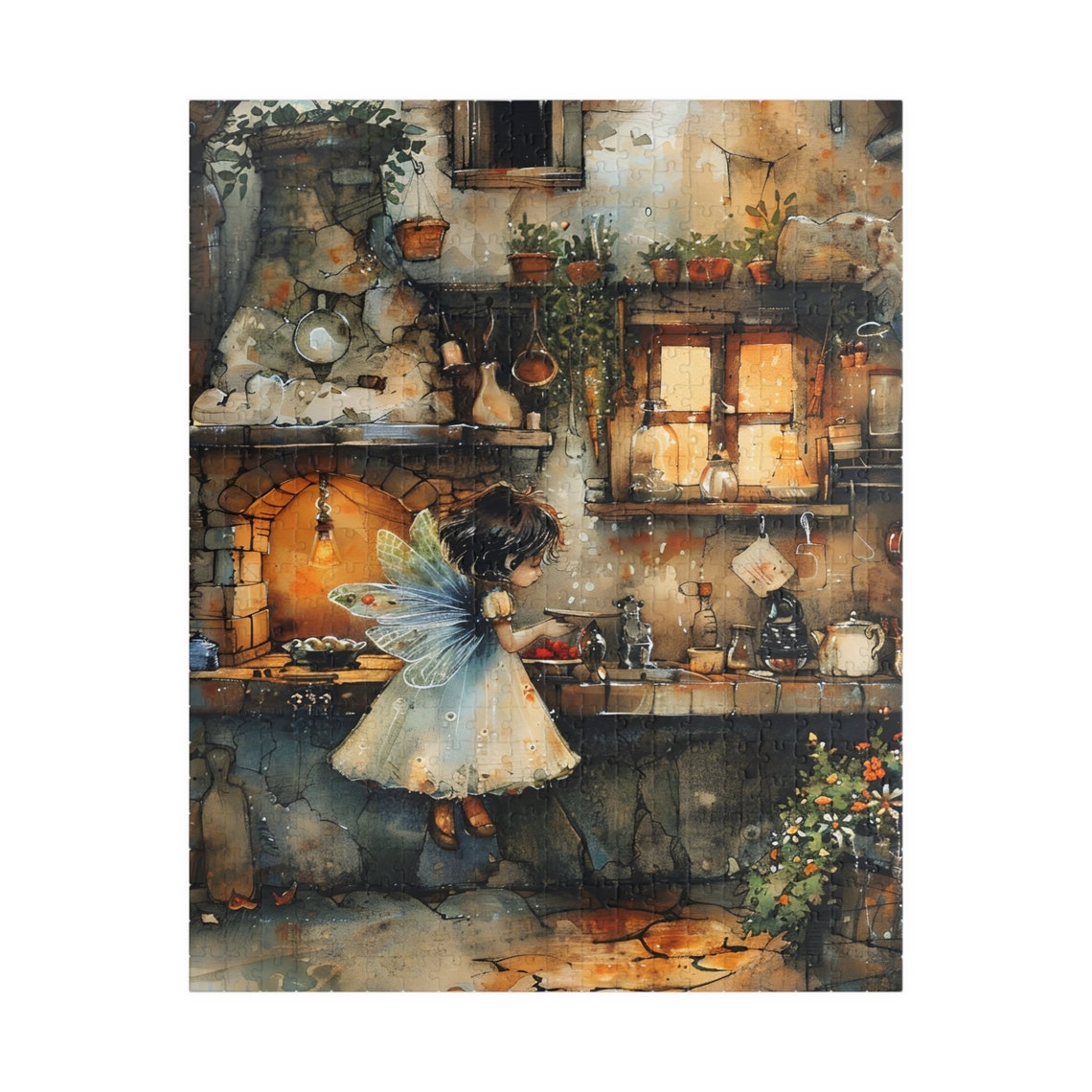 Fairy Girl in a Dark Cottage Kitchen by a Warm Glowing Hearth Print - Image 5