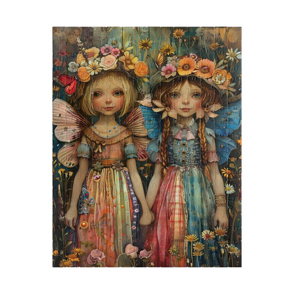 Country Fairy Sisters Holding Hands Flower Crowns Folk Art Poster - Image 5