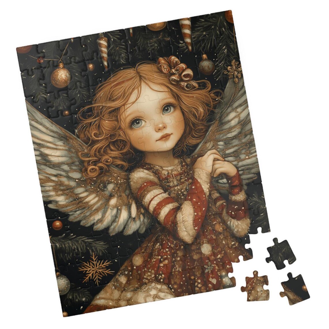 Sweet Christmas Angel Girl With White Wings and Striped Dress Poster