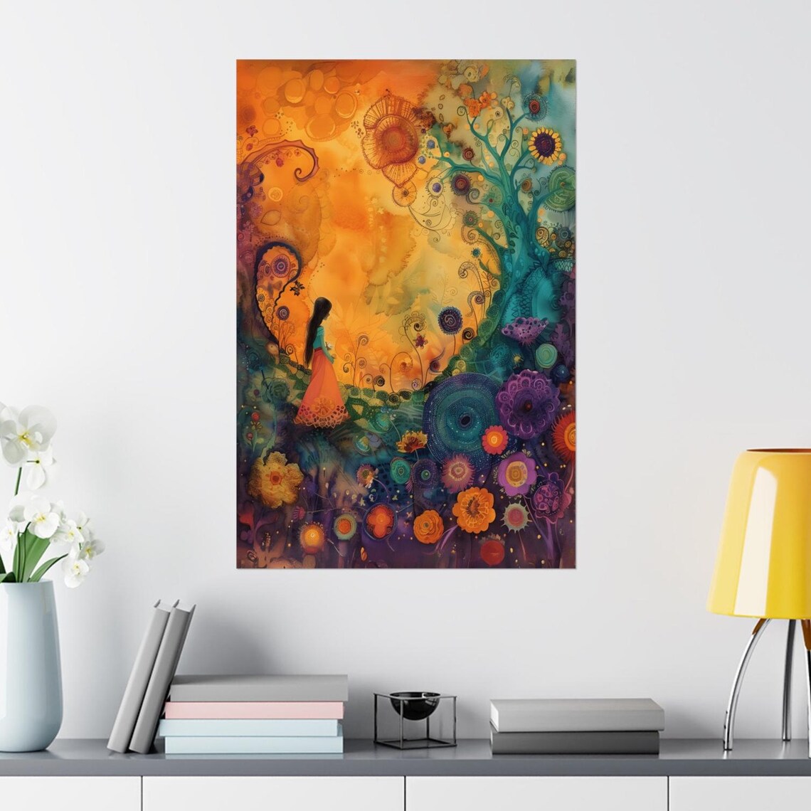 Girl in Red Dress Wandering a Whimsical Floral Garden Poster - Image 5