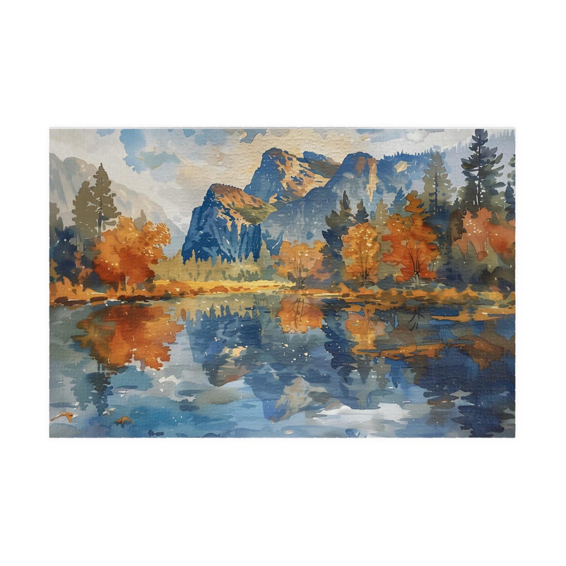 Autumn Mountain Lake Watercolor with Granite Cliffs Reflection Poster - Image 3