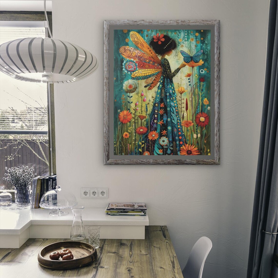 Butterfly Fairy Standing In Wildflower Meadow Teal Dress Art Poster - Image 2