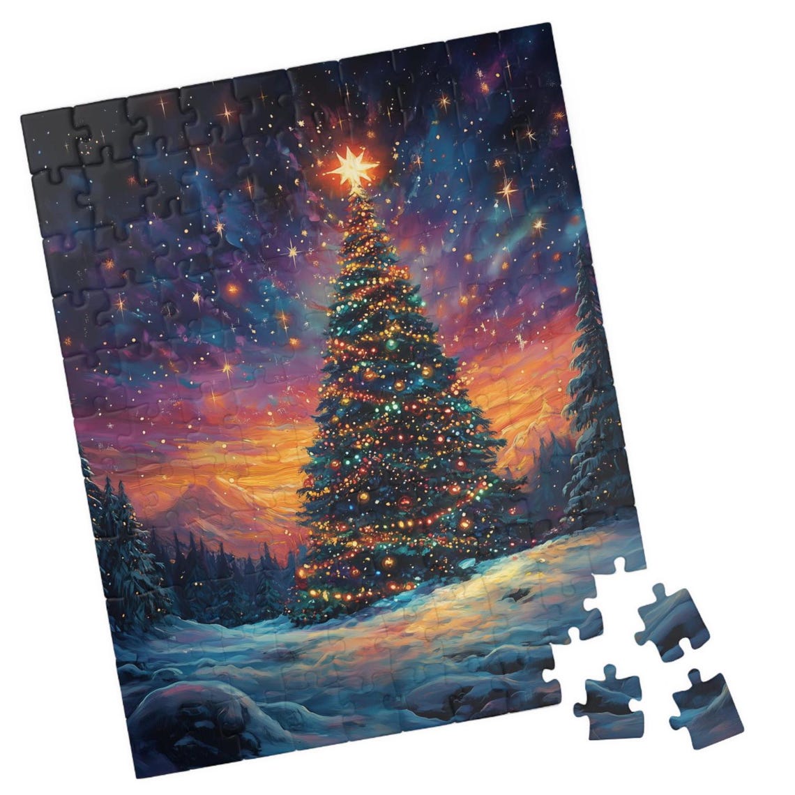 Glowing Christmas Tree Under a Starry Winter Sky Night Art Print