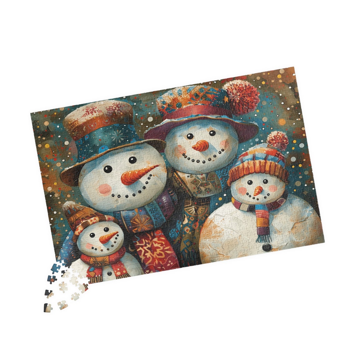 Four Happy Snowmen Family In Patterned Winter Hats Art Poster - Image 4