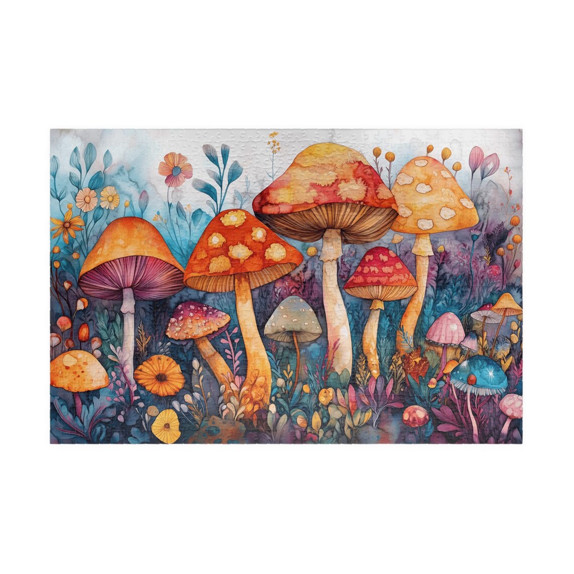 Colorful Watercolor Mushrooms in a Blooming Flower Garden Art Print - Image 3
