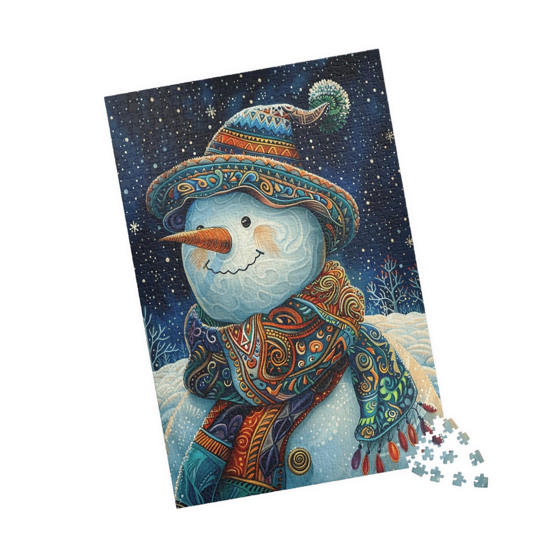Colorful Snowman with Patterned Hat and Swirl Scarf Starry Poster - Image 4