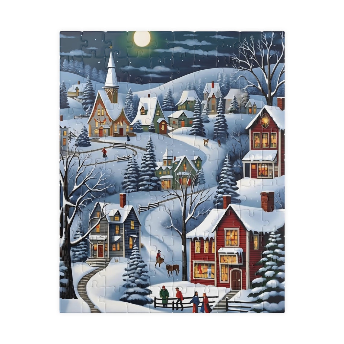 Moonlit Snowy Winter Village With Glowing Windows Art Poster - Image 2