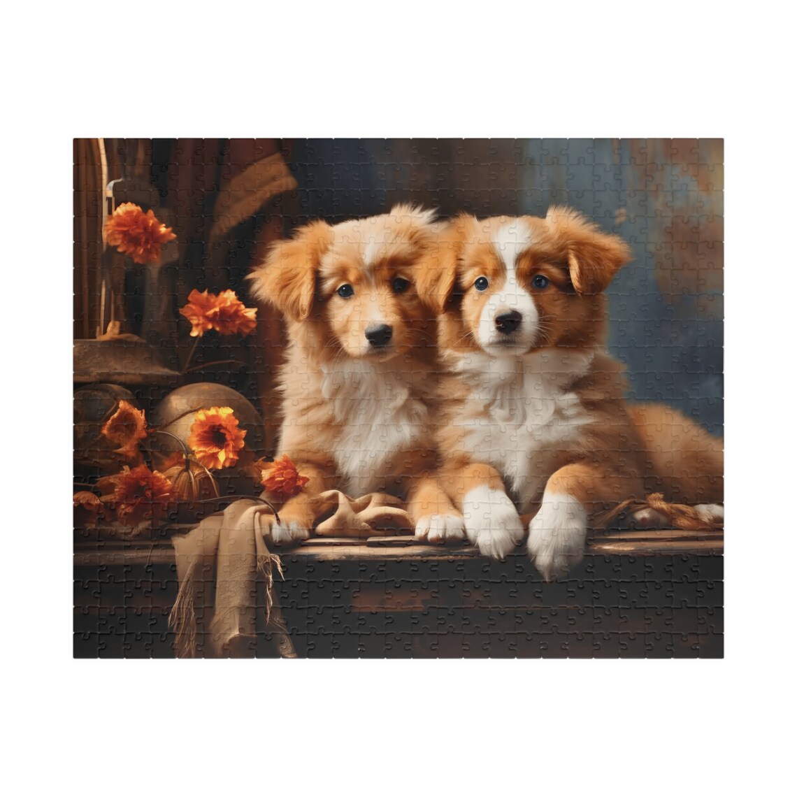 Two Sweet Puppies Autumn Flowers Cute Dog Portrait Art Poster - Image 5