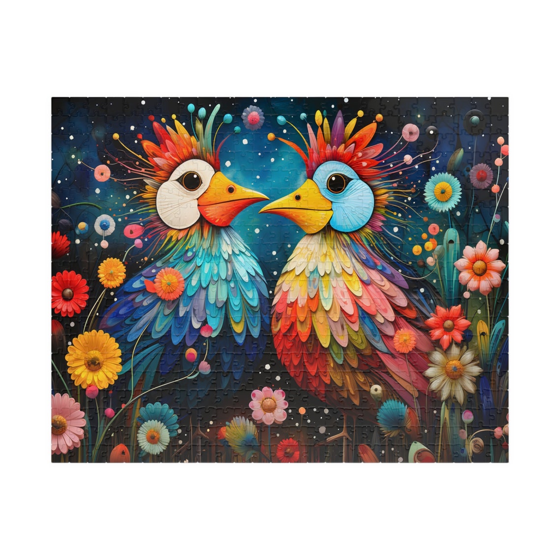 Two Whimsical Birds in a Night Bloom Flower Garden Scene Poster - Image 5