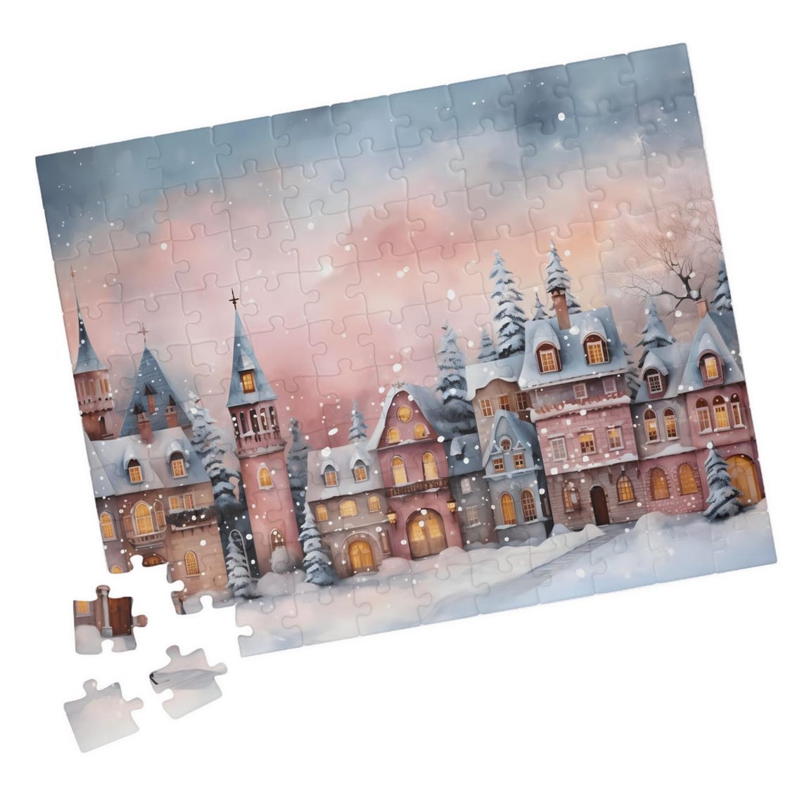 Charming Pastel Snowy European Winter Town Glowing at Dusk Poster