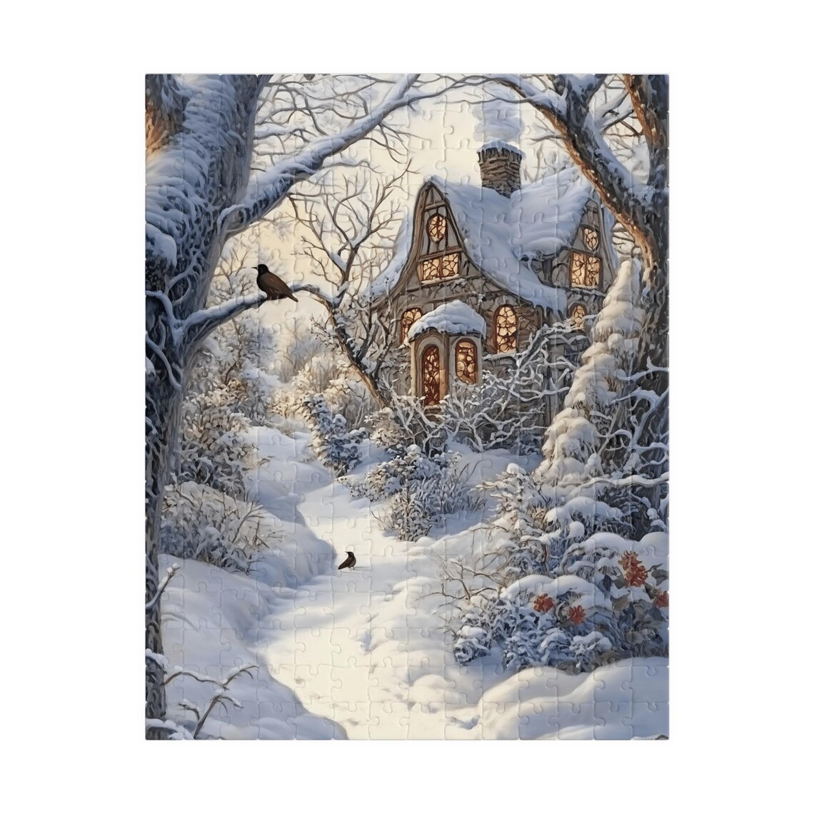 Snowy English Stone Cottage in a Winter Wonderland Forest Scene Poster - Image 5