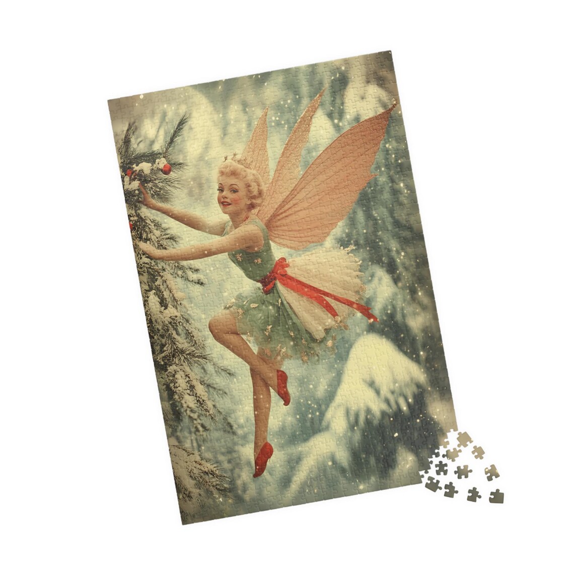Vintage Fairy In Green Dress Decorating A Snowy Tree Art Print - Image 4