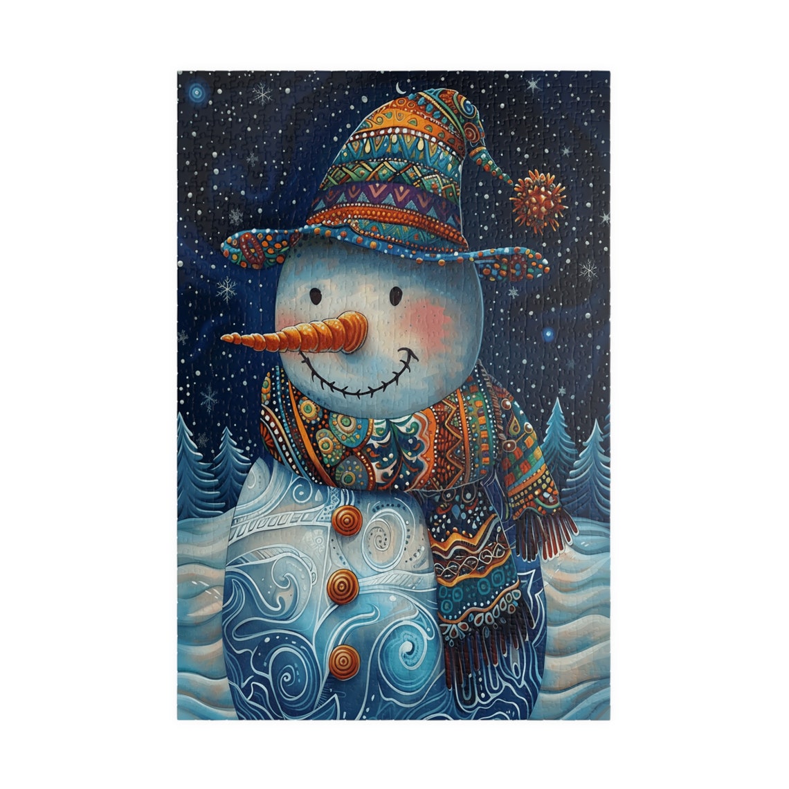 Whimsical Snowman Wearing a Patterned Starry Night Hat Poster - Image 4
