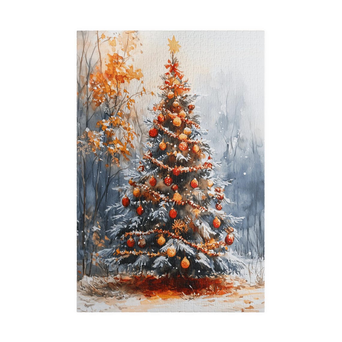 Snow Dusted Christmas Tree With Red And Gold Ornaments Art Print - Image 3