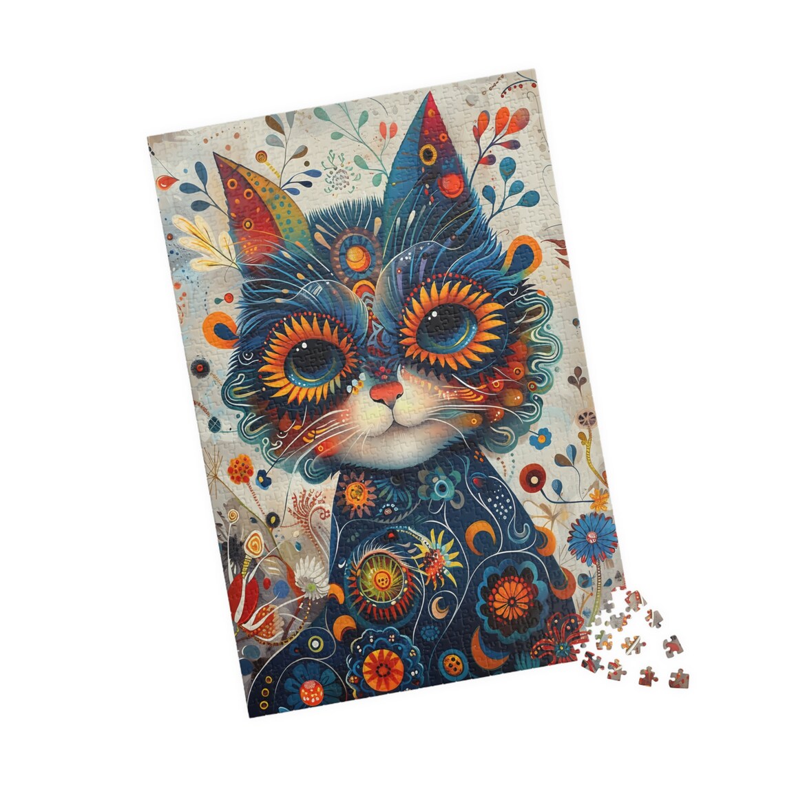 Colorful Folk Art Cat Portrait with Sunflower Eyes Art Poster - Image 5