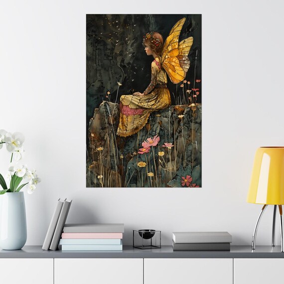 Moonlit Fairy with Golden Wings Among Wildflowers Watercolor Poster
