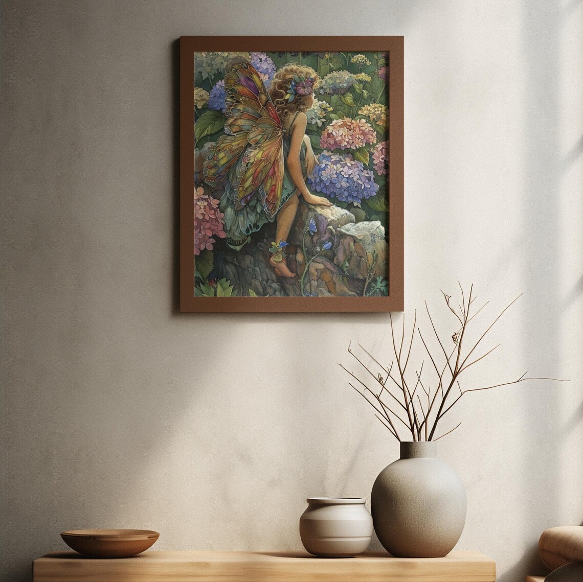 Hydrangea Garden Fairy Stained Glass Wings Floral Watercolor Poster - Image 2