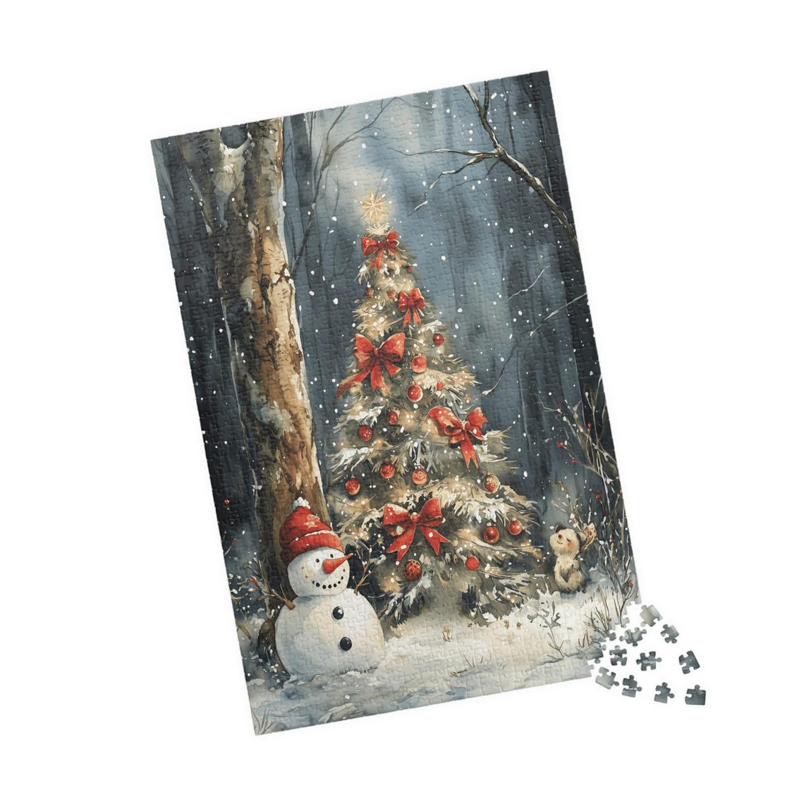 Smiling Snowman Beside A Christmas Tree In A Snowy Forest Poster - Image 4