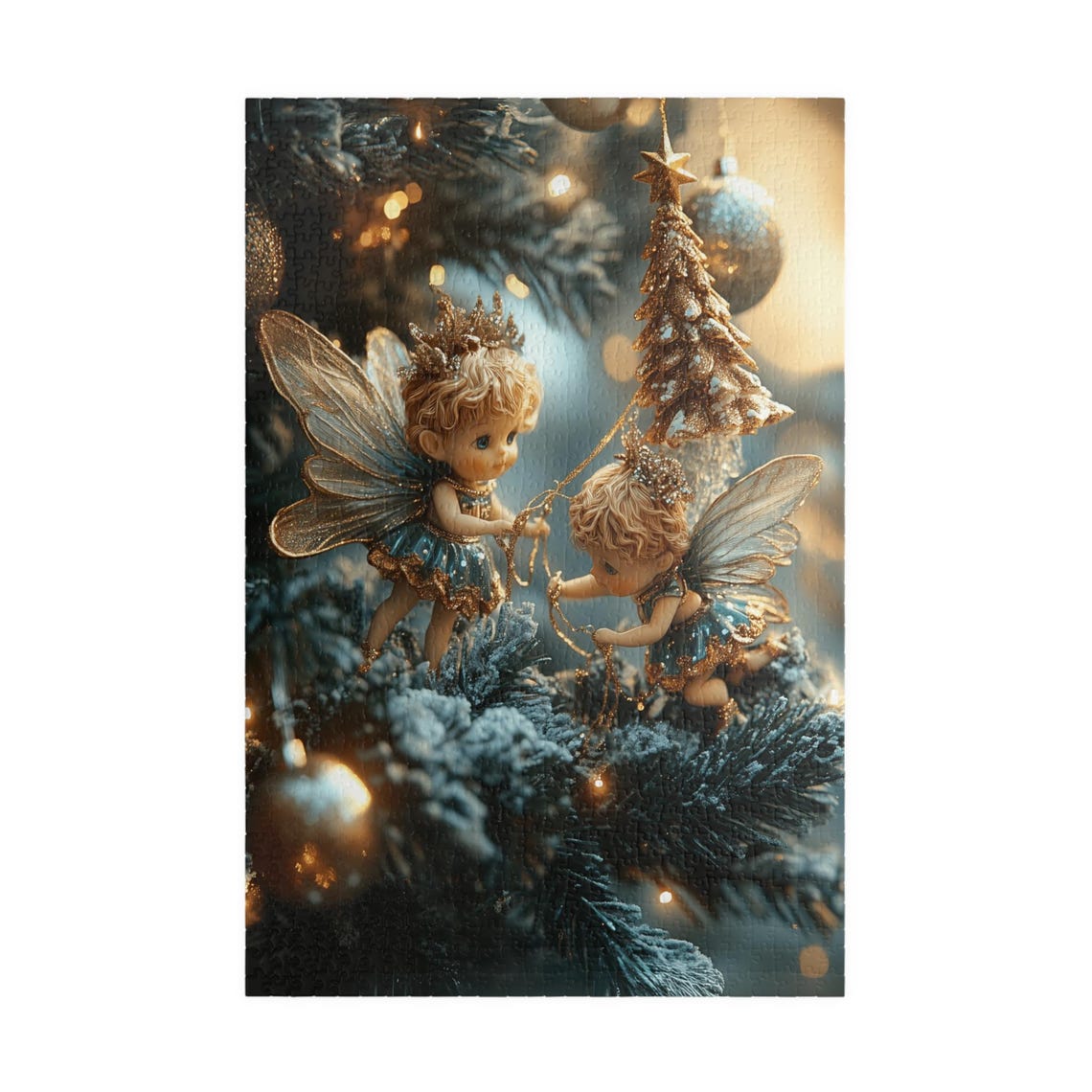 Two Golden Fairies Decorating A Christmas Tree Fantasy Art Print - Image 3