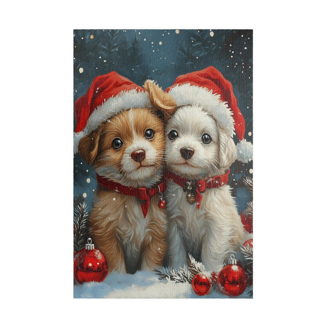 Two Puppies in Santa Hats and Red Scarves Christmas Night Dog Poster - Image 3