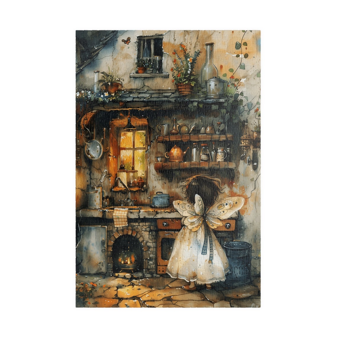 Fairy Girl Cooking by a Cozy Fireplace in a Cottage Kitchen Print - Image 3