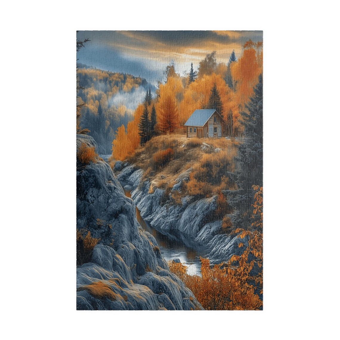 Log Cabin on a Golden Autumn Hill Above a Rocky Stream Art Print - Image 3
