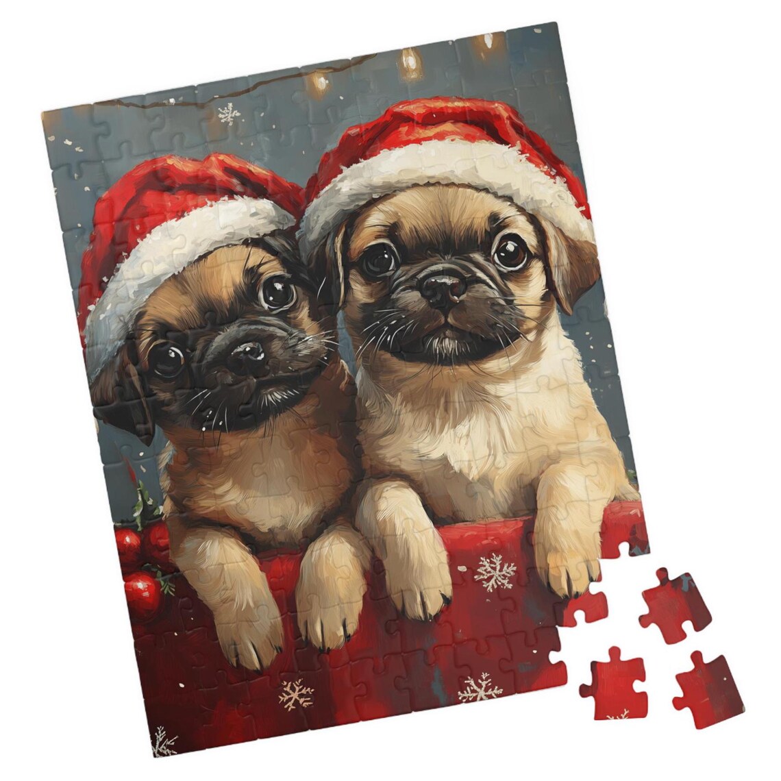 Two Pug Puppies in Santa Hats on Red Gift Box Christmas Dog Poster