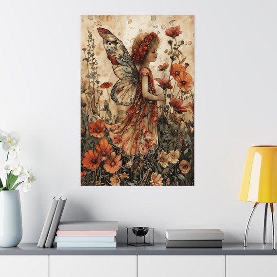 Red Cosmos Fairy Girl Flower Crown Autumn Watercolor Art Poster