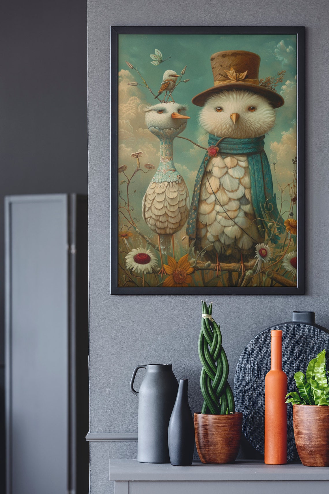 Charming White Birds In Top Hats Among Wildflowers Art Poster - Image 5