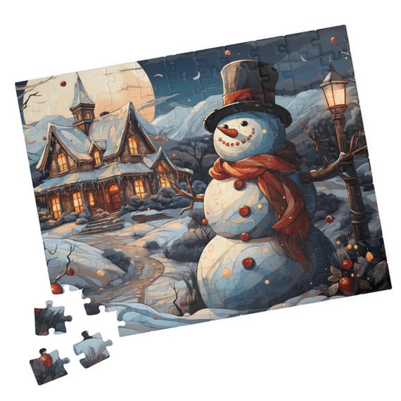 Moonlit Snowman Counrty Watercolor Snowman In Moonlight Relaxing Jigsaw Puzzle Gift Fun Activity For Families Or Hospital Patients