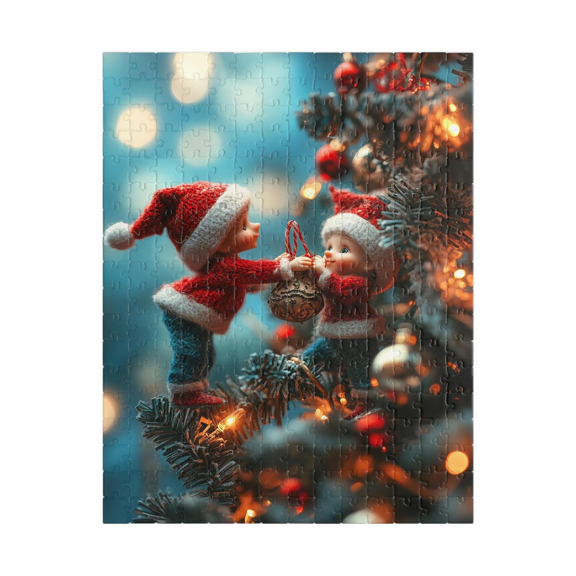 Two Tiny Knit Elves Hanging A Christmas Ornament On A Tree Print - Image 5